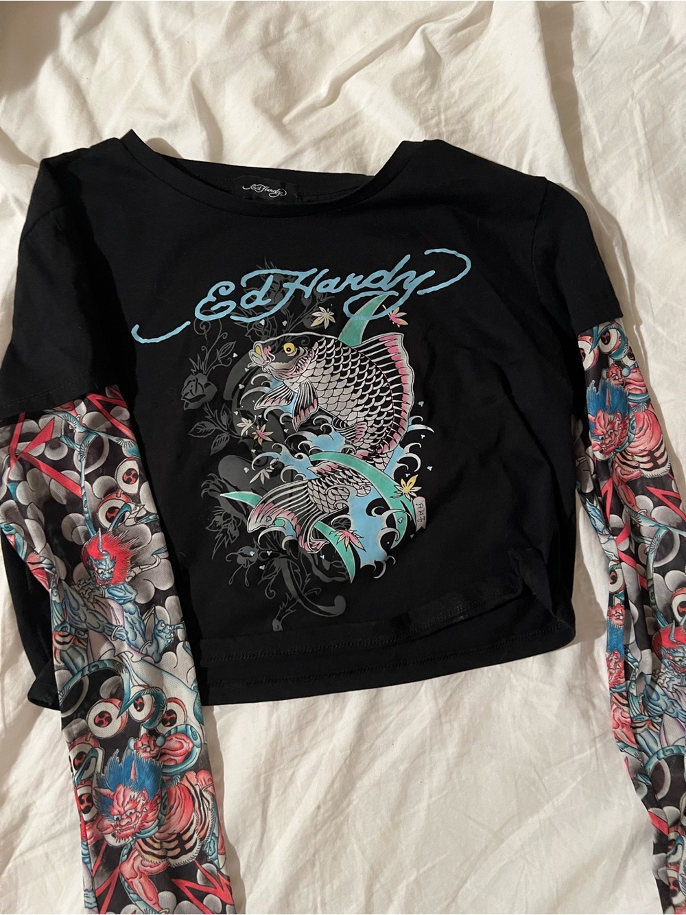 Ed Hardy Black Graphic Long-Sleeve Layered Crop Tee